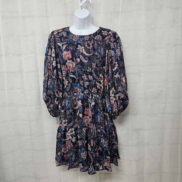 Sam & Jess Dress Blue Pink Metallic Floral Boho Tiered Chiffon Fairy Mini M - Picture 1 of 12